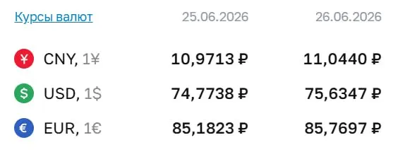 Официальный курс на 26 июня: доллар — ₽75,63; евро — ₽85,77; юань — ₽11,04. Последний раз курс доллара был выше ₽75 7 мая.