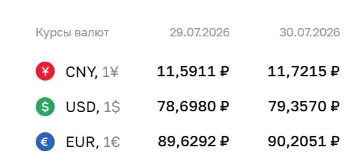Официальный курс Центрального банка на 30 июля: доллар — ₽79,36; евро — ₽90,21; юань — ₽11,72. По курсу ЦБ проводятся расчеты по ряду финансовых инструментов.