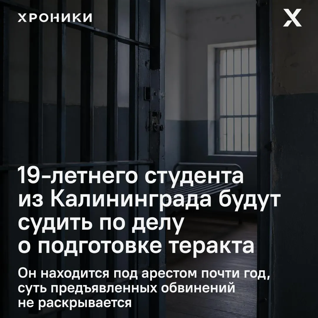 В Калининграде началось судебное разбирательство в отношении 19‑летнего Тимура Стрижакова — ему предъявлено обвинение в приготовлении к террористическому акту; подробности следствия не раскрывают.